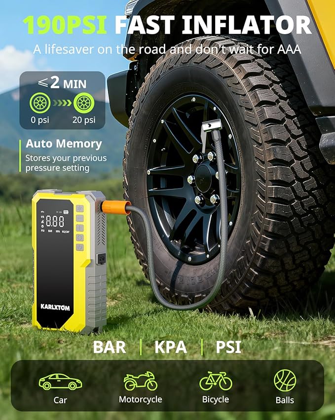 Karlxtom Car Battery Jump Starter with Air Compressor, 4500A Portable Car Jump Starter (All Gas /12L Diesel) with 190PSI Auto-Shutoff Tire Inflator, [2026 NEW Model] 12V Jump Box with LCD Display