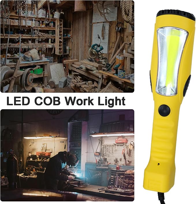 EP 15 Ft LED Work Light, 1200 Lumen COB LED Trouble Light - 16 Gauge SJTW Indoor Outdoor Extension Cord, Handheld, Magnetic Base, Rotatable Hanging Hook - Yellow