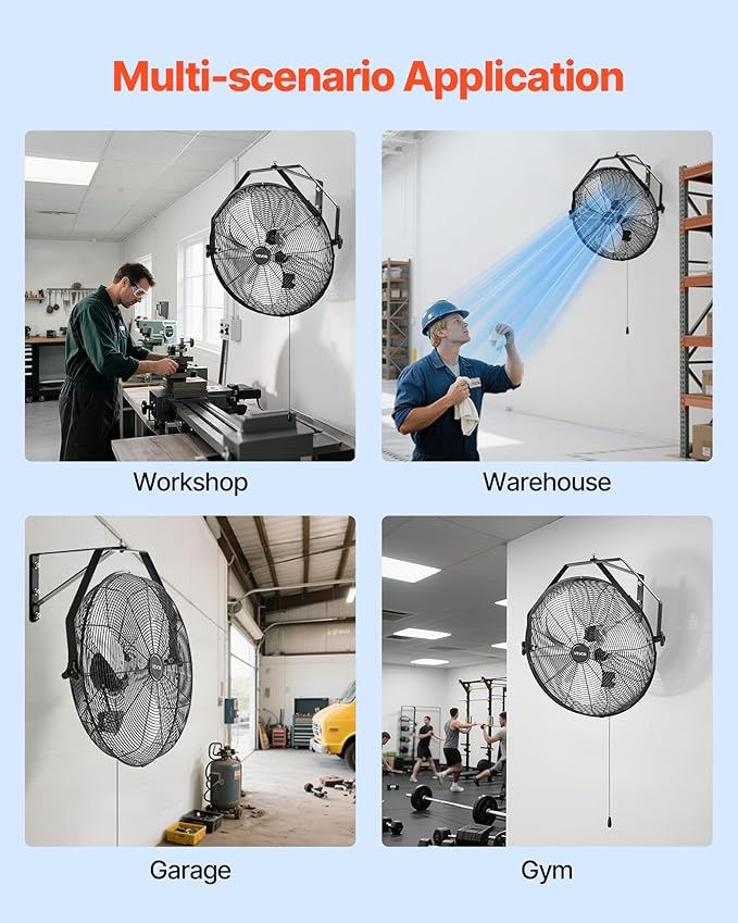 VEVOR 20 Inch Industrial Wall Mount Fan, High Velocity 4650 CFM with 3 Speeds, Powerful Motor with Aluminum Blades for Workshop, Warehouse, Greenhouse, Commercial
