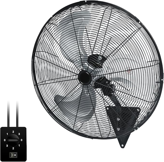 AZOUTDOOR 24" Wall Mount Fan, 120° Oscillating Fan and High Velocity 3-Speed Wall Fans, 8850 CFM Industrial Outdoor Wall Fans for Commercial, Garage, Residential, Warehouse - Etl Listed, Black