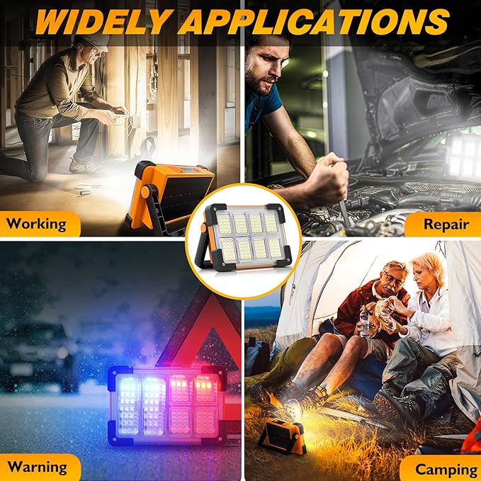 2 Pack 120W Solar Rechargeable Work Light, 144 LED 10000LM Led Work Light with 4 Modes, Portable Flood Light with Stand, IP66 Waterproof Outdoor Working Light for Emergency Mechanic Camping Repair