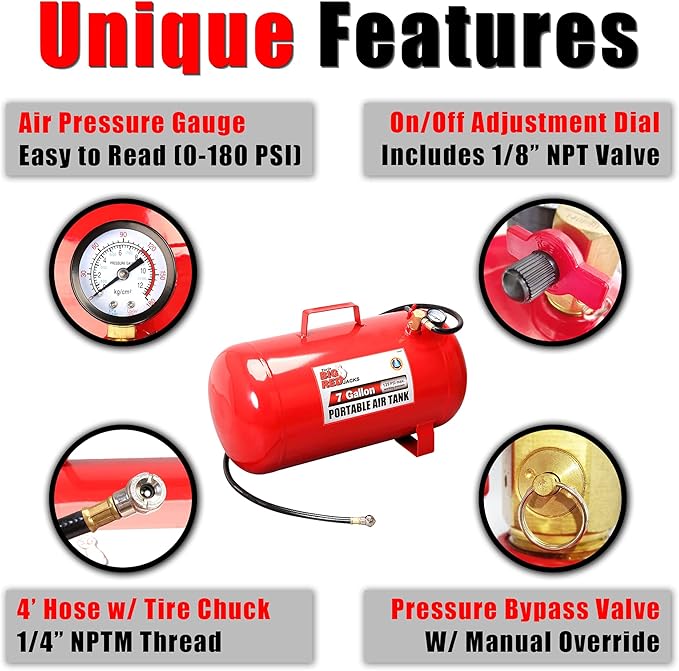 BIG RED T88007 Torin Portable Horizontal Air Tank with 36" Hose, 7 Gallon Capacity, Red
