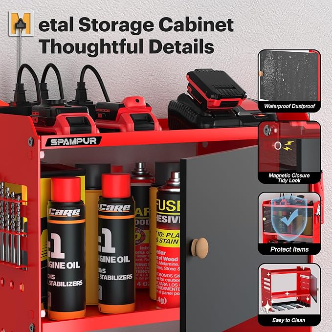 Spampur Power Tool Organizer Wall Mount with Charging Station,Garage Metal Cabinet 15 Min Quick Assembly & Max 150lb load with 6 Outlet Power Strip, 8 Slots Cordless Drill for Workshop/Shed/Tool Room