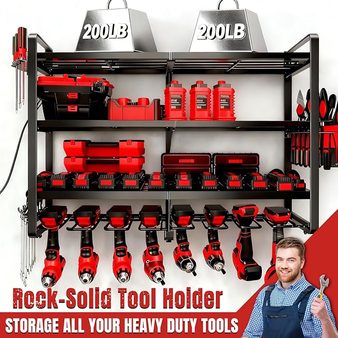 Large Power Tool Organizer Wall Mount, 4 Layer Heavy Duty 8 Cordless Drill Holder Tool Storage Rack, Load 400lbs Utility Power Tool Rack for Garage,Workbench,Workshop,Gifts for Men