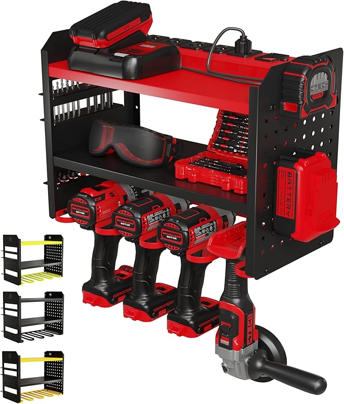BUILTSTRONG Power Tool Organizer Wall Mount - 3-Tier Heavy-Duty Metal Hand Tool Storage Rack, Utility Racks, Drill Holder, PegBoard Side, & More - Garage Storage Cordless Tool Organizer (Red)