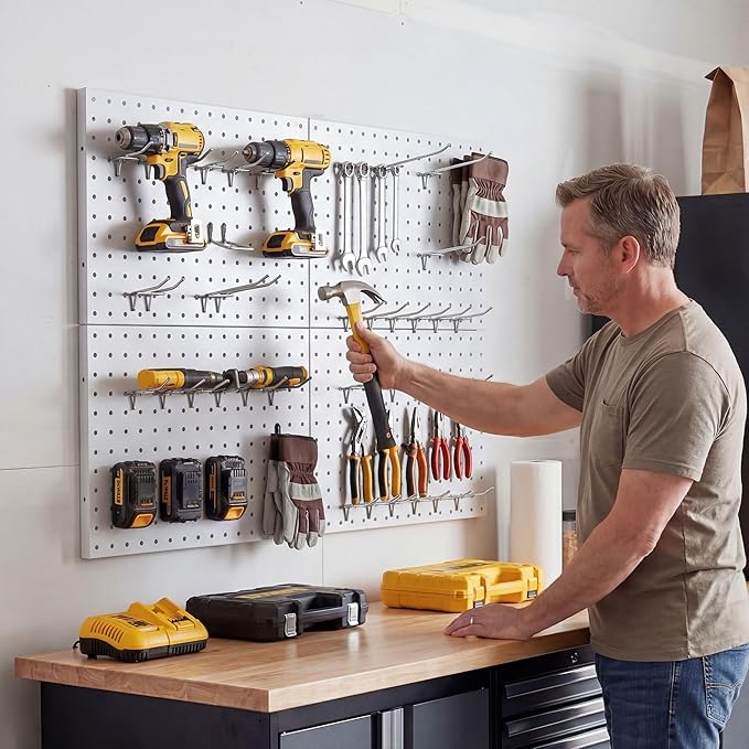 4 Pack Metal Pegboard Panels with 50 Hooks, White Pegboard Wall Organizer, Pegboard Accessories, Heavy Duty Garage Tool Storage System for Workbench, Workshop, Office, Craft Room