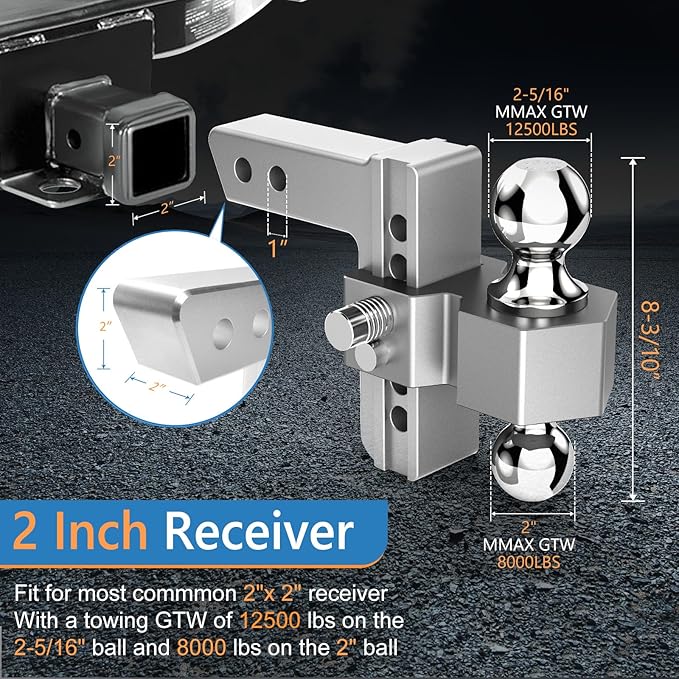Tlvuvmo Adjustable Trailer Hitch for 2 Inch Receiver - 6 Inch Aluminum Drop Hitch, 12,500 LBS GTW Tow Hitch, 2" & 2-5/16" Chrome Plated Steel Ball Hitches for Truck, RV, Camper, Etc