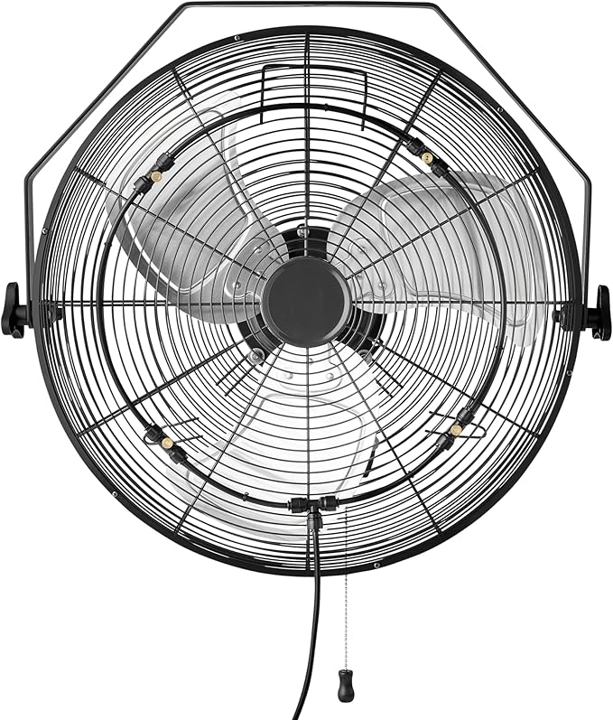 Amazon Basics 18" Outdoor Heavy-Duty Misting Fan, Wall-Mounted, Industrial, Waterproof (IP44), With Tilt Head, Metal Blades, Dual Ball Bearing Motor, 3 Speeds Up to 1550 RPM and 3781 CFM, Black