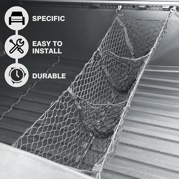 BestEvMod Cargo Mesh Net for Pickup Truck Bed Compatible with Tesla Cybertruck 2026 2025 2024 Accessories Mesh Extra Strong Hook Stretchable Trunk Organizer Cargo Net (3 Pocket, Reinforced POM Hooks)