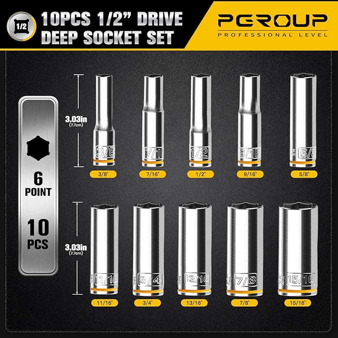 10PCS 1/2” Drive Deep Socket Set, SAE (3/8"-15/16"), 6-Point, Cr-V Steel, Chrome Plated Socket With Hanging Bracket, Cover Most Commonly Sizes