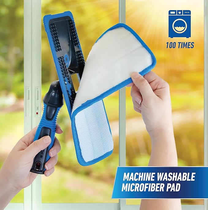 Unger ProClean Connect and Clean Indoor Window Cleaning Kit, Washing Tool with Swivel Head for Tight Corners and Edges, Streak-Free Results on Glass and Mirrors, Reusable Microfiber Pads