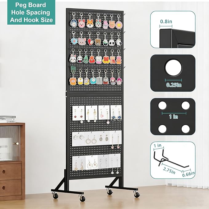 Peg Board Display Stand 24" X70” Metal Pegboard on Wheels Standing Rack Organizer Panels Units with 30 Hooks and T-Base for Ornament Retail & Vendors Craft Show Store Display