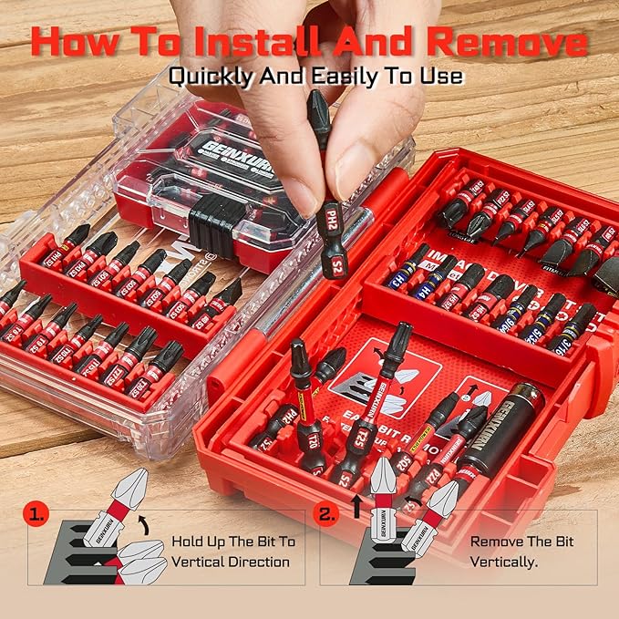 Geinxurn 65Pieces Impact Screwdriver Bits Set, Magnetic S2 Steel Phillips/Slotted/Square/Torx Insert Power Bits Tips, Impact Bit Holder with Red Storage Box Case