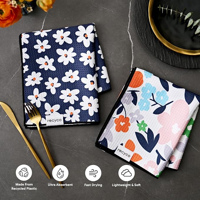 RECYCO Waffle Kitchen Towel Set of 2 - Quick Dry Microfiber Sustainable Dish Towels - Ultra Absorbent Reusable Cleaning Tea Towels - Lightweight Hand Towels,16”x 28”, Whimsy Petals