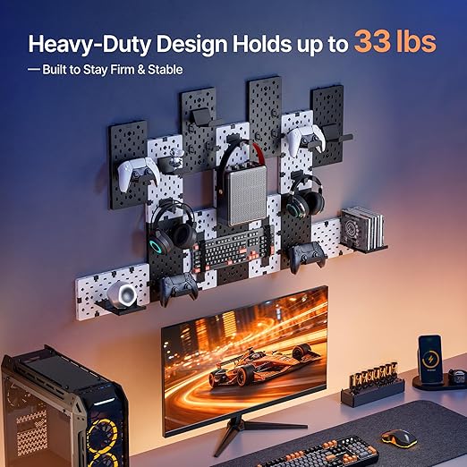 PEGZONE Controller and Headphone Holder Wall Mount, Modular Gaming Pegboard with Accessories, Controller Stand for Xbox PS5 PS4 Switch, Video Game Storage, Disc Shelf, 14pcs Pegboard, Black & White
