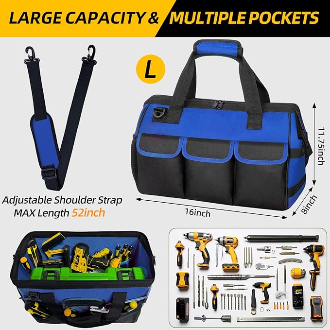 NECKORY Tool Bag, Portable Tool Box Organizer Adjustable Shoulder Strap, Carry Tool Tote Heavy Duty Tool Storage Bag With Wide Mouth,Tool Bags for Men Mechanic EngineerGift - L, Blue & Black