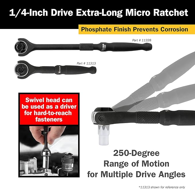 Titan 11328 1/4-Inch Drive x 7-Inch 90-Tooth Swivel Head Ratchet