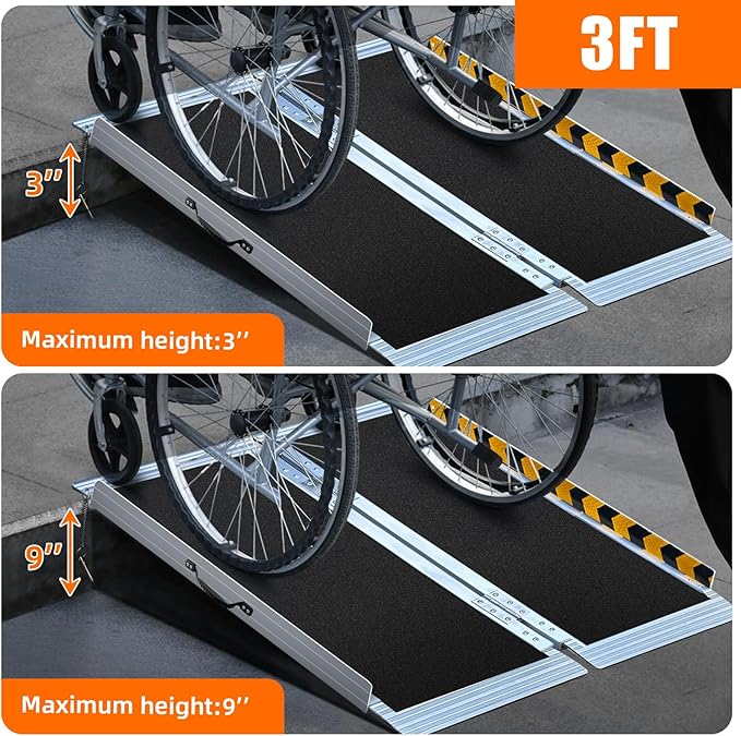 3FT Wheelchair Ramp for Home Steps & Porches (3-8 Inch Height) - Heavy-Duty Aluminum Ramp with Carry Handle, 800 lbs Capacity, Non-Slip Surface, Not Recommended for Low Door Thresholds