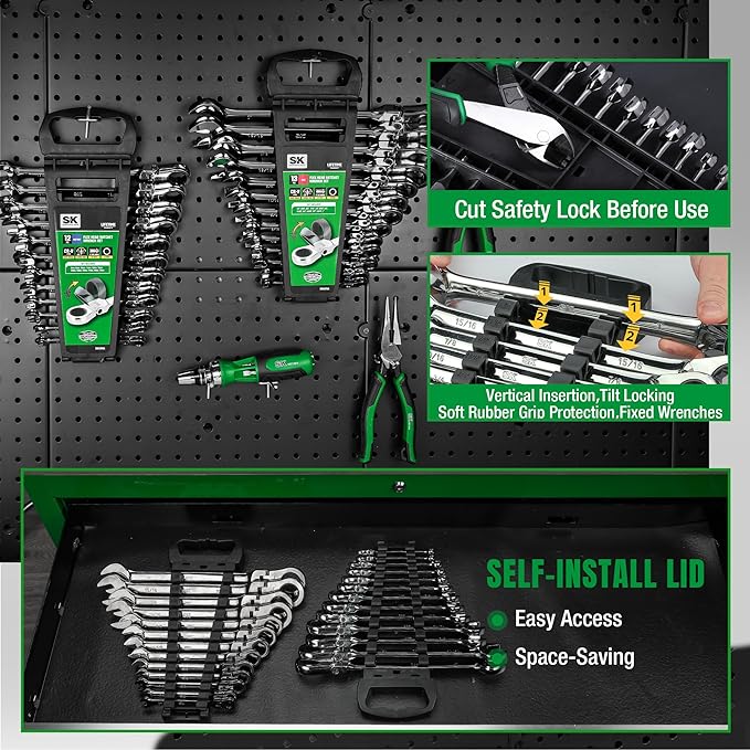 SK Flex-Head Ratcheting Wrench Set, Combination Wrench Set, 25-Piece, SAE 1/4" to 1", Metric 8 to 19mm, 72-Tooth, Premium CR-V Construction, with Rack Organizer