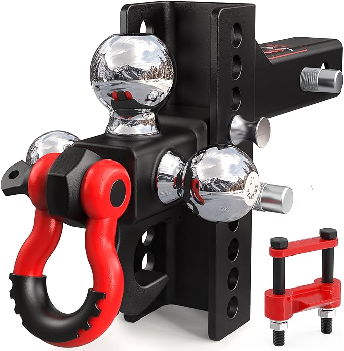 TYT Adjustable Tri-Ball Trailer Hitch for 2 inch Receiver, 4.5" Drop/Rise, Triple Balls (1-7/8", 2", 2-5/16") with Tow Hook & Shackle, 10,000 lbs GTW, 1,000 lbs TW, Pin Lock & Hitch Tightener