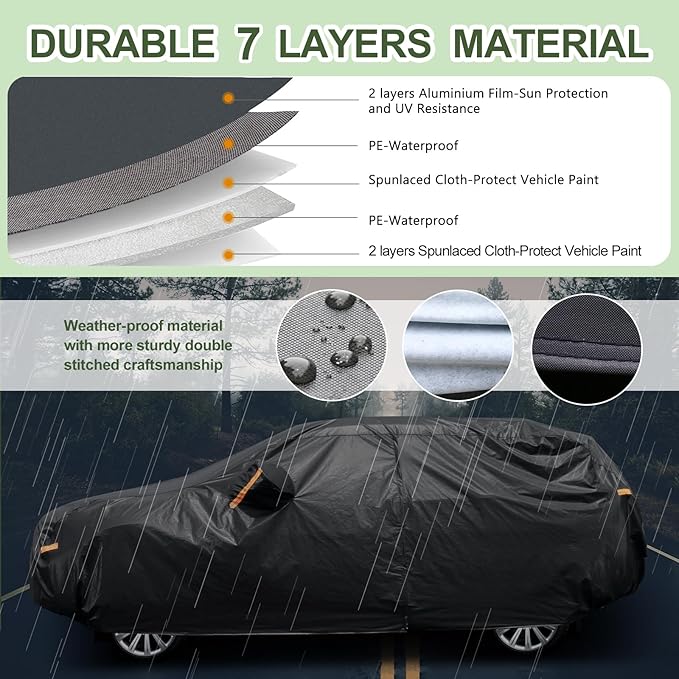 SEAZEN 7 Layers SUV Car Cover Waterproof All Weather, Heavy Duty Car Cover for Automobiles with Zipper Full Exterior Cover Outdoor UV Snow Wind Protection, Universal Full Car Cover 176" to 190"