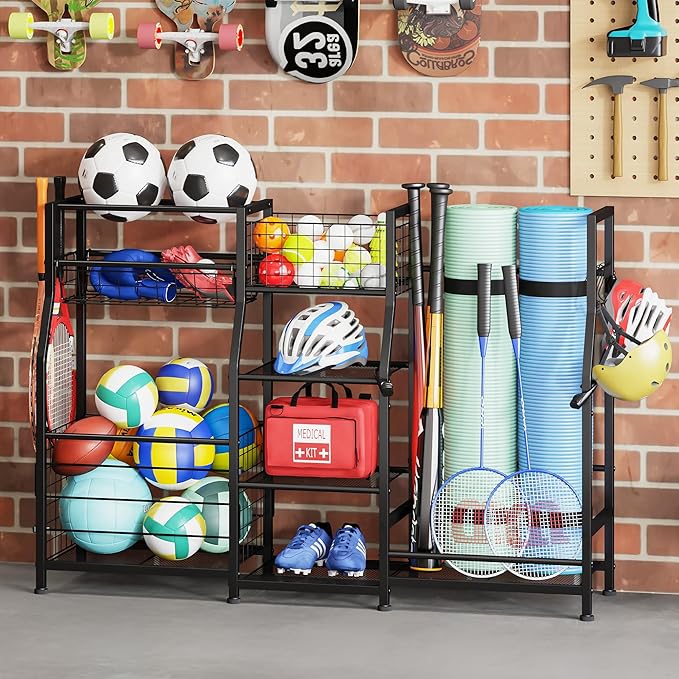 Sonyabecca Garage Sports Equipment Organizer 2 Golf Bag Stand Golf Storage Organizer for Garage with Basket and Hooks, Storage Rack for 2 Golf Bag, Golf Gift for Men, Two Assembly Methods