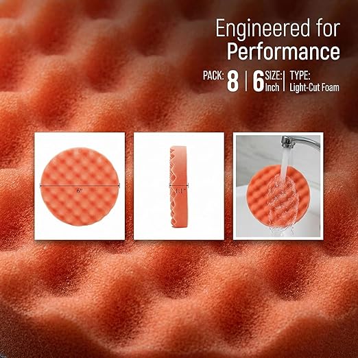 Fasmov 8 Pack 6" Buffing Polishing Pads Waffle Buffing Pads, Orange Microfiber Buffing Pads Cutting Polishing Pad, Foam Polish Pad for Car Buffer Polisher Compounding, Polishing and Waxing