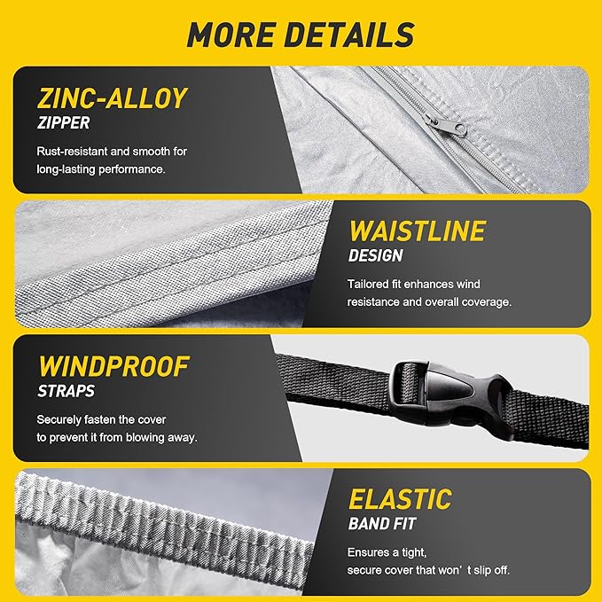 Caromop 10-Layer Waterproof Car Cover All Weather Protection (Snow, Rain, Sun) with Secure Fit Straps and Easy On/Off Zipper-Size T2 (See Size-Chart)