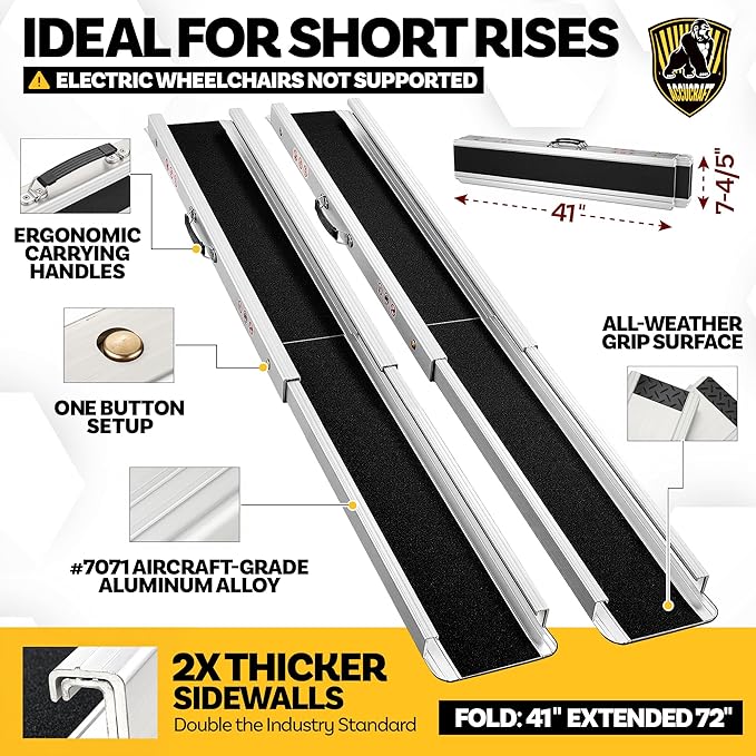 6FT Portable Wheelchair Ramp, Adjustable Aluminum ramps for wheelchairs for Home, 1200LB Capacity, 2X Thickened Sidewall, Wheelchair Ramp for Home, Stairs, Steps (2 Pack)