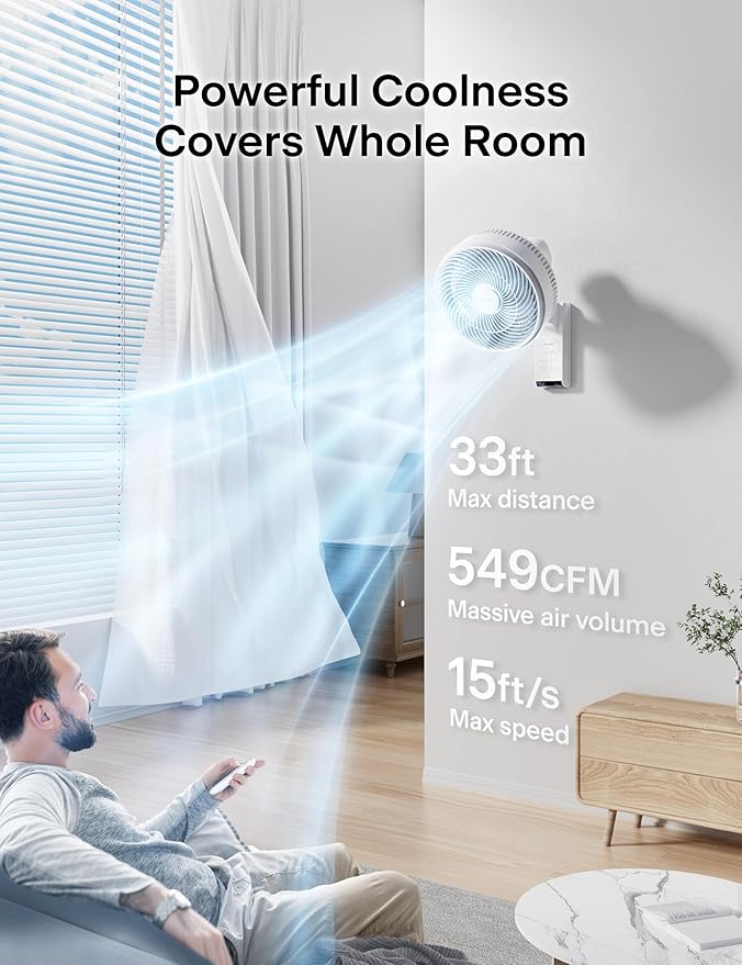 PELONIS 14 inch Wall Mount Fan with Remote Control, Osicllating Fan with 26ft Powerful Airflow, 3 Speed & 3 Modes, Auto 90° Horizontal & 68° Vertical Tilt, Indoor, 36dB, Ideal for Home, Garage, Gym