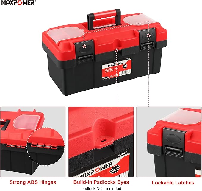 MAXPOWER Tool Box 16 inch, Plastic Small Tool Box with Latch and Removable Tray, Lockable Toolbox for Home