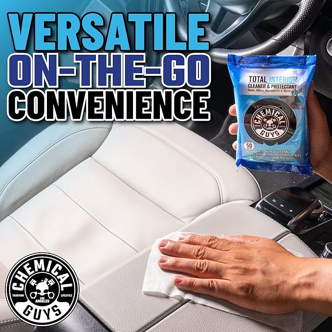 Chemical Guys Total Interior Cleaner & Protectant Wipes – 50 Pack Multi Surface Car Interior Cleaning Wipes for Dashboards, Doors and Seats – Safe for Trucks, SUVs, RVs and Home Use