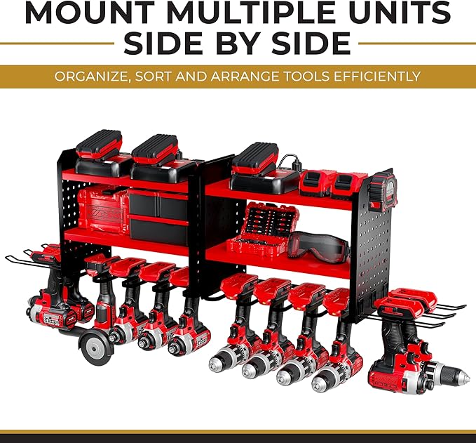 BUILTSTRONG Power Tool Organizer-6 Drill Holder Wall Mount, 3 Tier Heavy-Duty Hand Tool Storage Rack, Utility Racks, Drill Holder, 2 Pegboard Sides - Garage Storage Cordless Tool Organizer (Red)