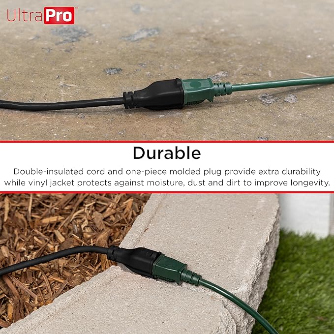 UltraPro Outdoor Extension Cord, 25 Ft, Heavy Duty, UL Certified 3 Prong, 16 AWG 3-Wire, Multipurpose Long, 1 Pack, Black, 69275