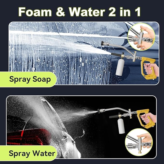 Foam Cannon Dual Connector Accessory, Pressure Washer Double Tip Attachment for Car Wash, 6 Pressure Washer Nozzle Tips, 1/4" Quick Connect, 5000PSI