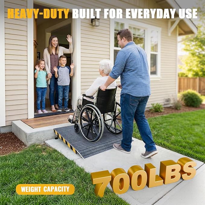 Adjustable Wheelchair Ramp for Door Thresholds, 36" Aluminum Threshold with 3.34"-6.3" Range, Includes Non-Slip Thick Door Mat, Portable Handicap Ramps for Steps, Curbs, Door Thresholds and Entryways