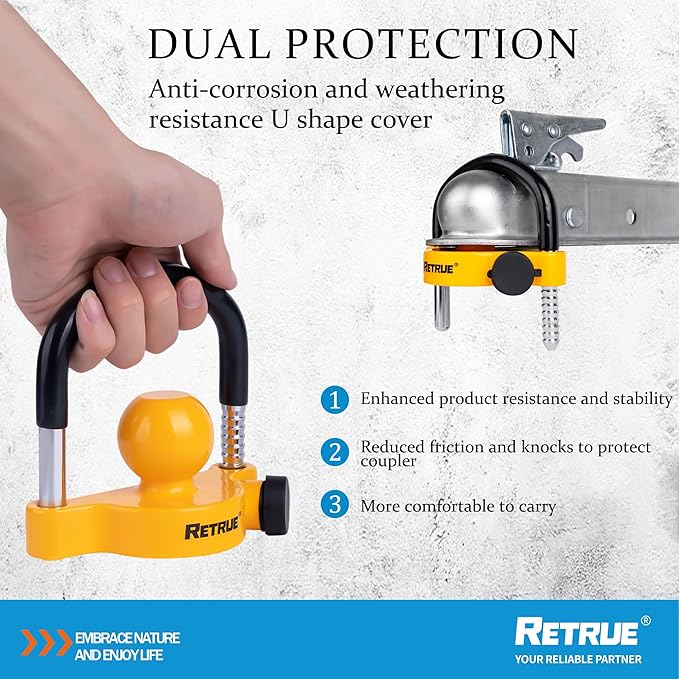 RETRUE Universal Trailer Ball Lock Hitch Coupler Locks Fits 1-7/8 Inch, 2 Inch, 2-5/16 Inch Couplers Adjustable Security with Weatherproof Cover and Cap, Yellow
