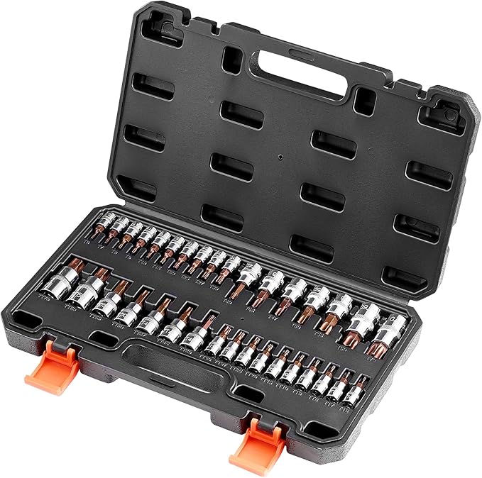 VEVOR Torx Bit Socket Set, 34-Piece Solid Star and Tamper Proof T6-T70, S2 Alloy Steel and Cr-V Steel, 1/4 in, 3/8 in, and 1/2 in Drives, with Enhanced Storage Case, Torx Sockets for Hand Use