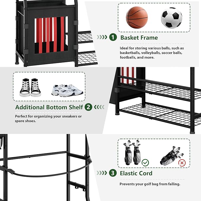 Sports Equipment Organizer Garage Organization , Golf Bag Storage Rack, Organizer for 2 Golf Bag , Indoor/Outdoor Ball Storage Bins for Toy Sports Gear Storage, Ideal for Home, Garage, Club, Basement