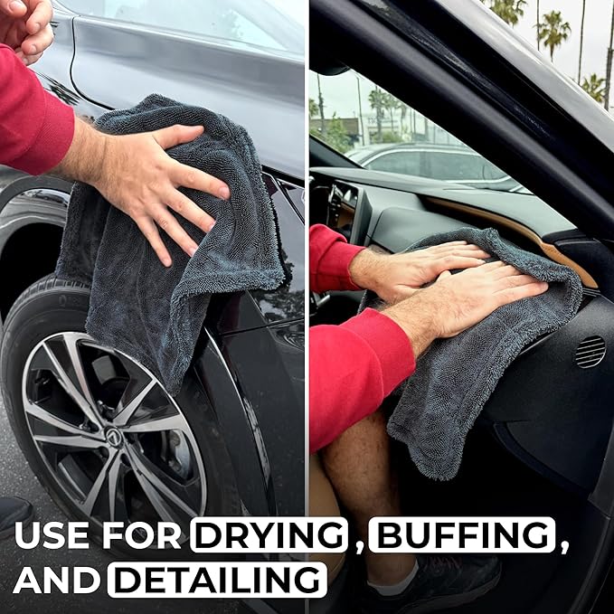 2X Medium Car Drying Towel, 1300 GSM Professional Car Towel with Double Twisted Loop,Super Absorbent Large Microfiber Drying Towels for Cars, Trucks, SUVs - 16"x16" 2-Pack, Gray