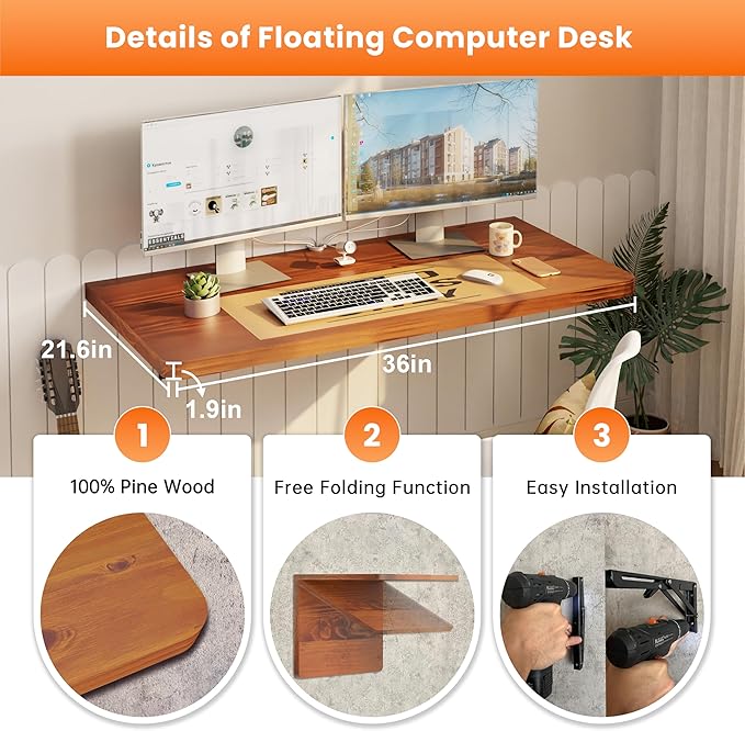 IAE Floating Wall Mounted Folding Table Desk with Pine Wood,36" x 22" Foldable Workbench,Fold Down wall Mounted Foldable Desk with Shelf Brackets,Laundry Folding Table for Home,Dining,Kitchen,Teak