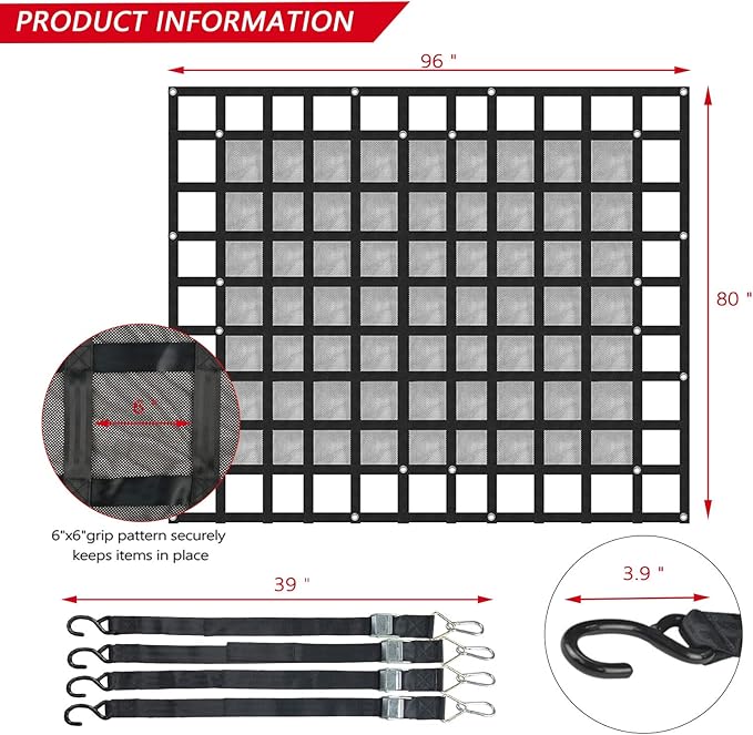 Surmountway Cargo Net for Pickup Truck Bed with Mesh(96" x 80"), Truck Bed Cargo Net Capacity 1100LBS, Heavy Duty Cargo Nets with Adjustable Cam Buckles & S-Hooks, Truck Cargo Net for Trailer Trucks