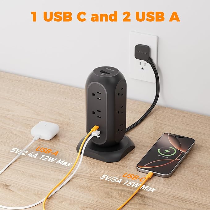 TESSAN Tower Power Strip Flat Plug with 11 Outlets 3 USB (1 USB C), Surge Protector Tower 1625W/13A,1050J Protection, 10 Feet Extension Cord with Multiple Outlets, Dorm, Office Desk Supplies, Black