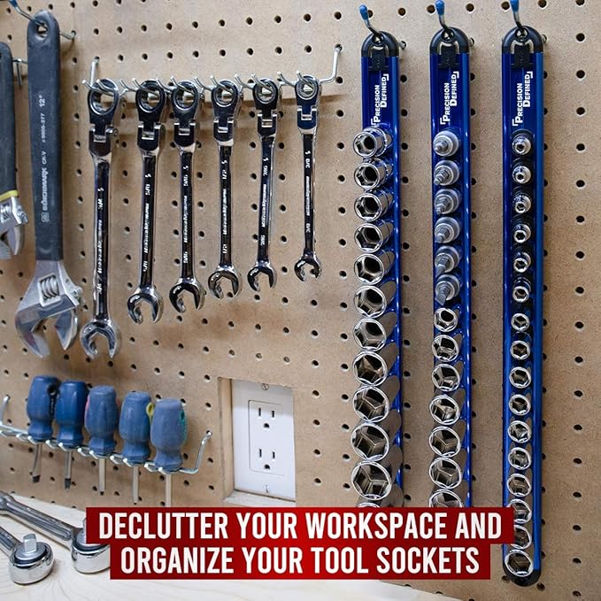 Precision Defined Aluminum Tool Socket Holder 3-Piece Set | Blue, 1/4-Inch x 16 Clips, 3/8-Inch x 16 Clips, 1/2-Inch x 14 Clips | 360 Rotation - Heavy Duty Socket Rails Organizer, Socket Storage