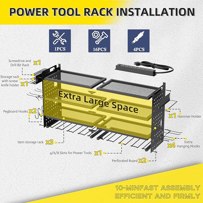 Power Tool Organizer Wall Mount with Charging Station, Drill Holder, Heavy Duty Storage Utility Racks, Supports 600 lbs,Battery Shelf for Garage and Workbench (24 Inch 6 Drills Holder)