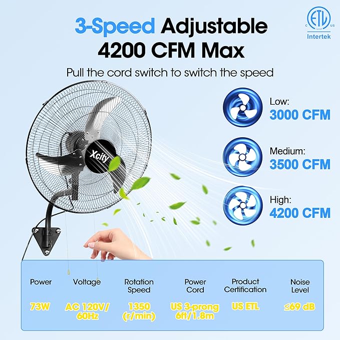 Xcity 18 inch Industrial Wall Mounted Oscillating Fan, 3-Speed, High Velocity, Max 4200 CFM, Adjustable Tilt, Heavy Duty Metal Outdoor Fans for Patio, Garage, Workshop, Warehouse, Black