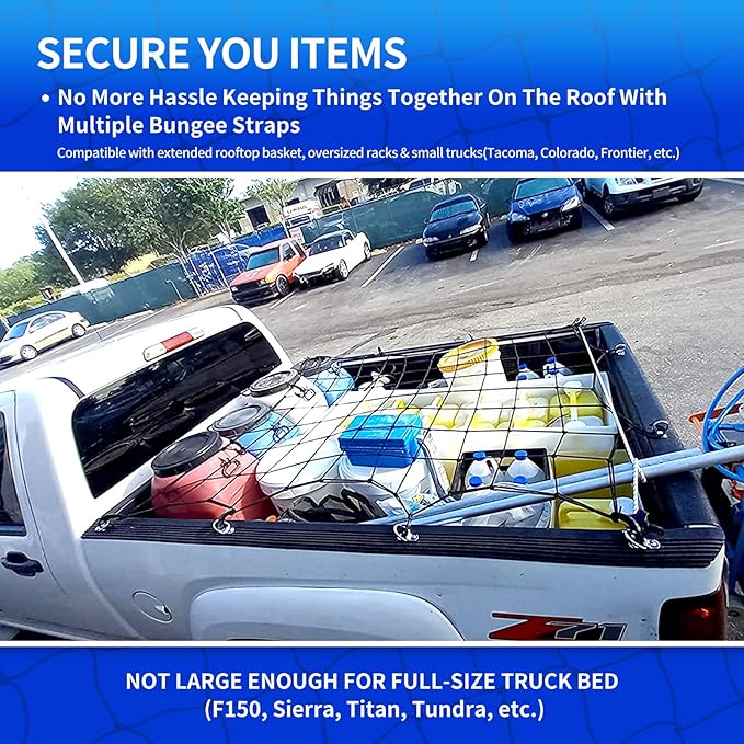 47"x 36" Cargo net Bungee Nets Stretches to 80"x 60",Small Truck Bed Cargo Net for Cars SUVs, for Frontier, Toyota Tacoma Short Bed Cargo Netting, Colorado & Subaru Accessories