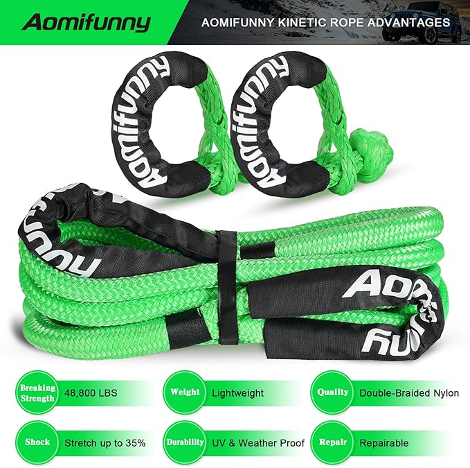 1" x30ft Kinetic Recovery Tow Rope Kit, 48,800 lbs Break Strength, 35% Elasticity, with 2 Soft Shackles, Heavy Duty Tow Strap for Offroad Jeep, SUV, Truck, ATV, UTV, Tractor & 4x4 Vehicles