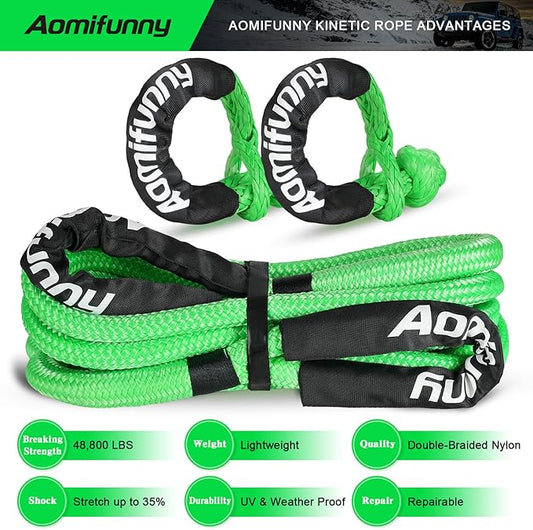 1" x30ft Kinetic Recovery Tow Rope Kit, 48,800 lbs Break Strength, 35% Elasticity, with 2 Soft Shackles, Heavy Duty Tow Strap for Offroad Jeep, SUV, Truck, ATV, UTV, Tractor & 4x4 Vehicles
