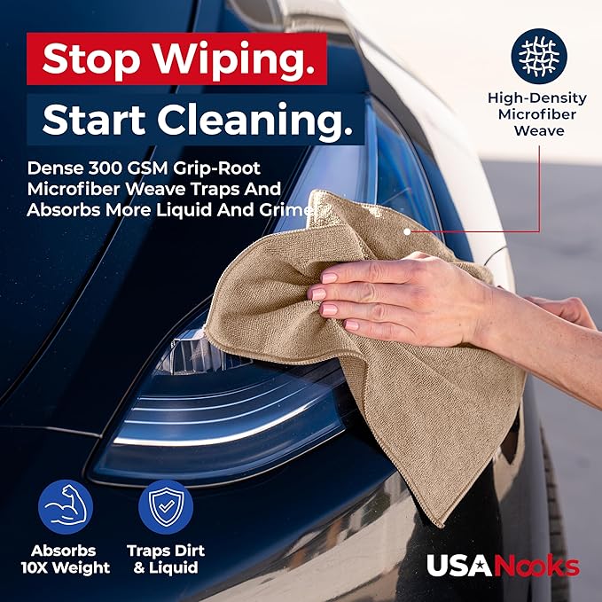 USANOOKS Microfiber Cleaning Cloth - Beige - 100Pcs (12.5x12.5 inch) High Performance - 1200 Washes, Ultra Absorbent Car Towel Traps Grime & Liquid for Streak-Free Mirror Shine - car Washing Cloth